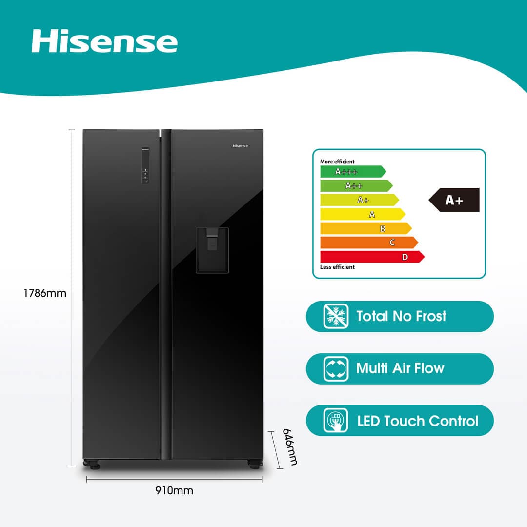 Hisense 504L Side by Side Fridge + Water Dispenser | No Frost | Black Mirror | H670SMIB-WD/RS518N4WBF