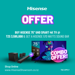 (Combo Offer) Buy Hisense 75" UHD Smart 4K TV | 75A6H/K & Get a Hisense 570W Soundbar