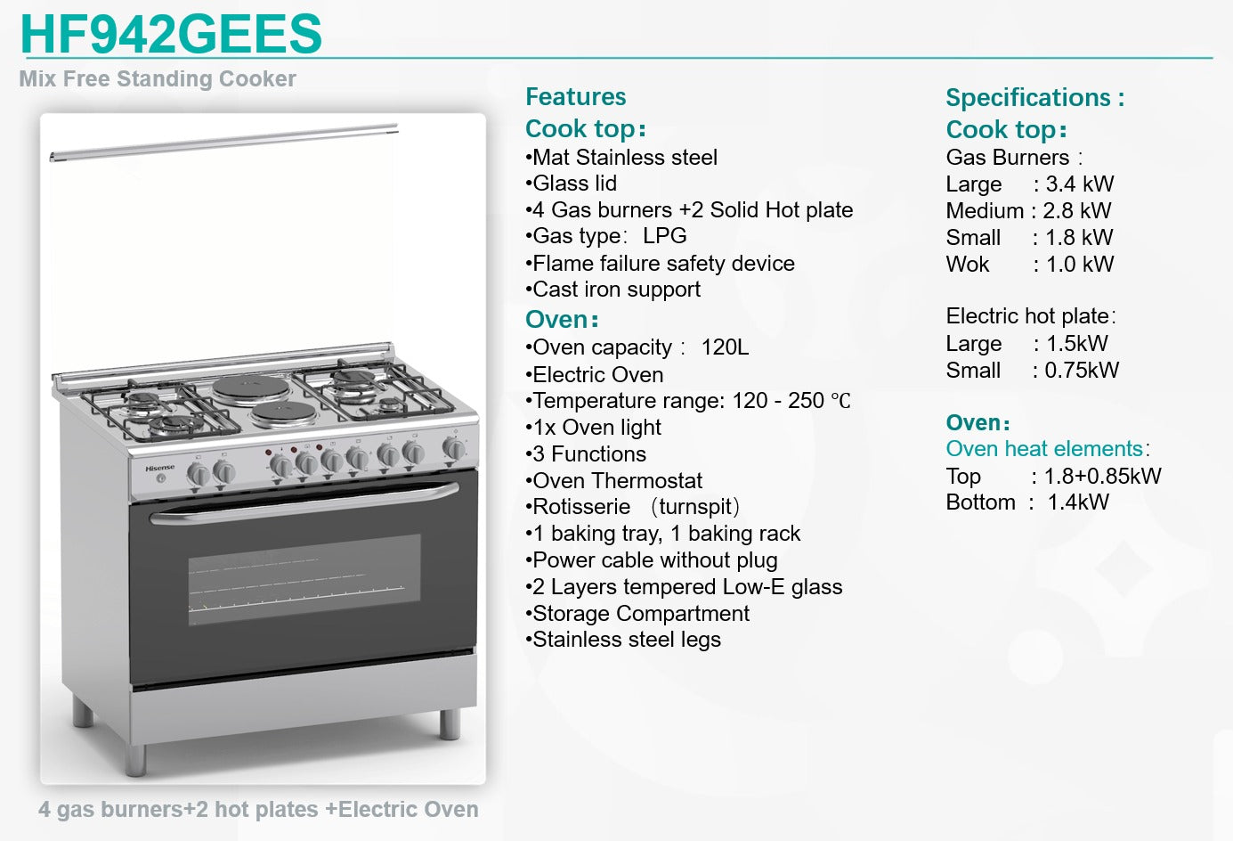 Hisense 60 x 90 Cooker - 4 Gas Burners & 2 Electric Stove & Electric Oven | HF942GEES