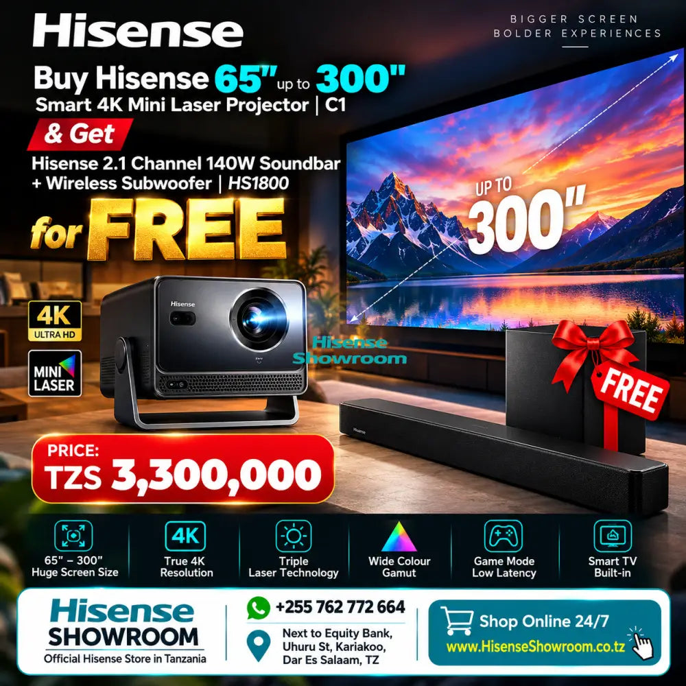 Buy Hisense 65’’ upto 300’’ Smart 4K Mini Laser Projector | C1 & Get Hisense 2.1 Channel 140W Soundbar + Wireless