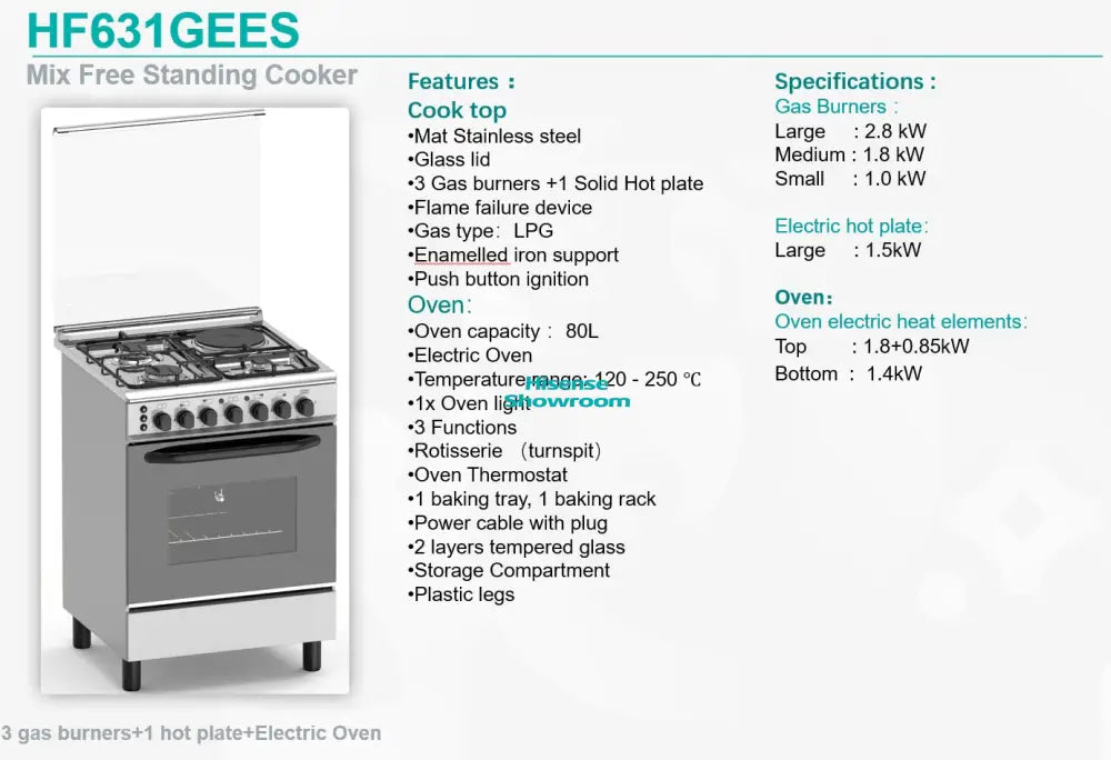 Hisense 60 x 60 Cooker 3 Gas Burners & 1 Electric Stove | Electric Oven | HF631GEES