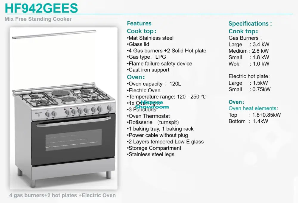 Hisense 60 x 90 Cooker 4 Gas Burners & 2 Electric Stove | Electric Oven | HF942GEES