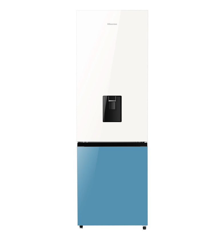 Hisense 350L White & Blue Premium Glass Frost Double Door Fridge + Water Dispenser | H450BDBL-WD